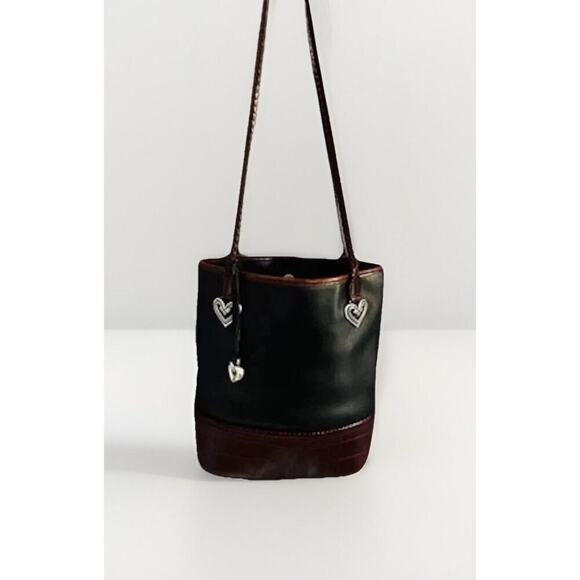 Vintage Brighton Black Leather Caroline Bucket Bag Purse Hearts Brown Croc Tote - Picture 2 of 16